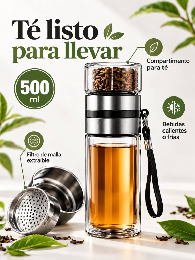 Botella de vidrio de 500 ml con filtro y compartimento separado para té