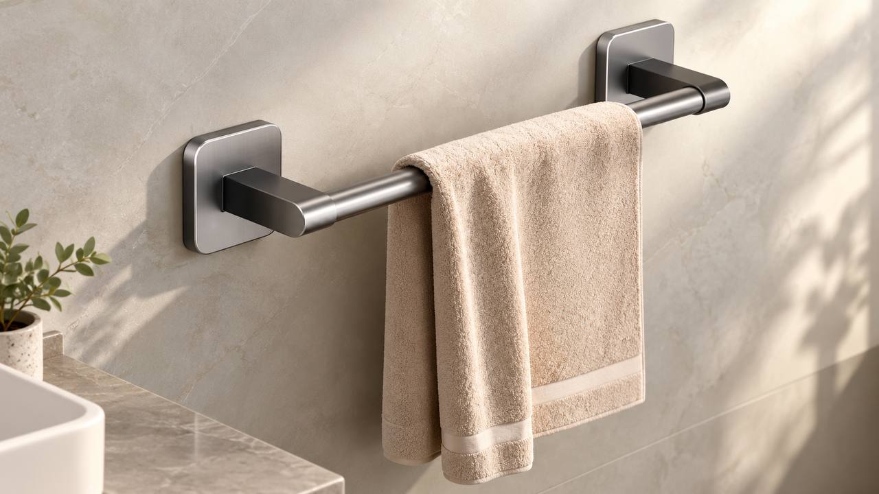 Toallero gris con una toalla junto al lavabo, ejemplo de ubicación