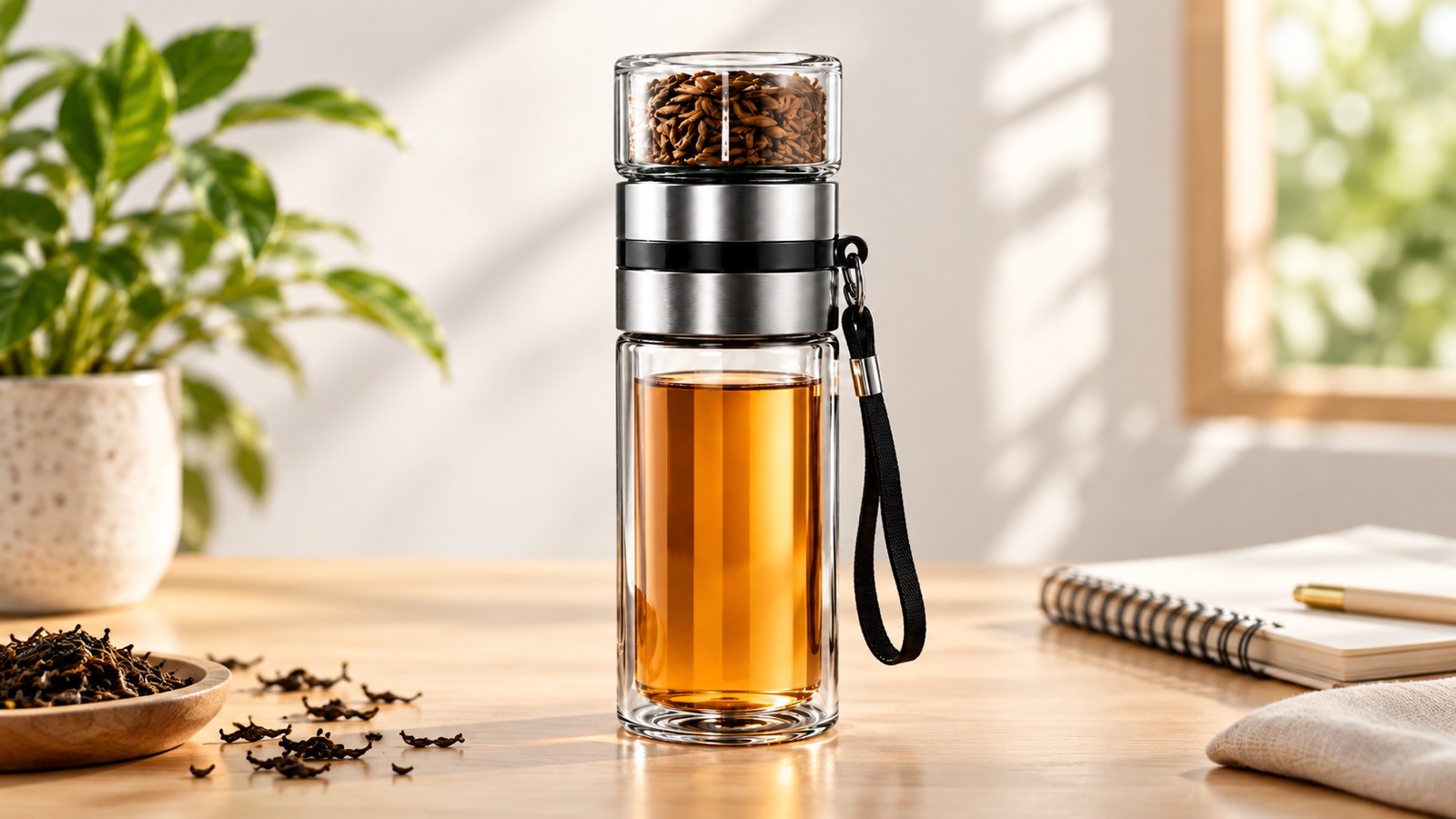 Botella de vidrio con compartimento para té sobre un escritorio luminoso