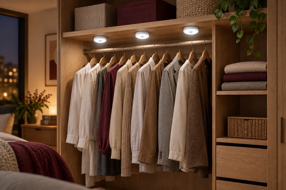 Armario de madera iluminado con tres luces LED recargables con sensor de movimiento