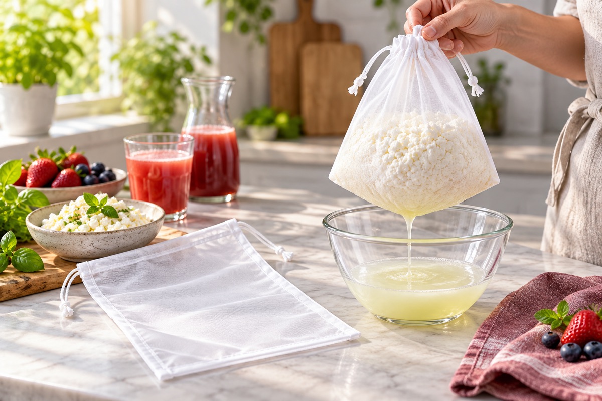 Uso de una bolsa filtrante para escurrir queso fresco sobre un recipiente