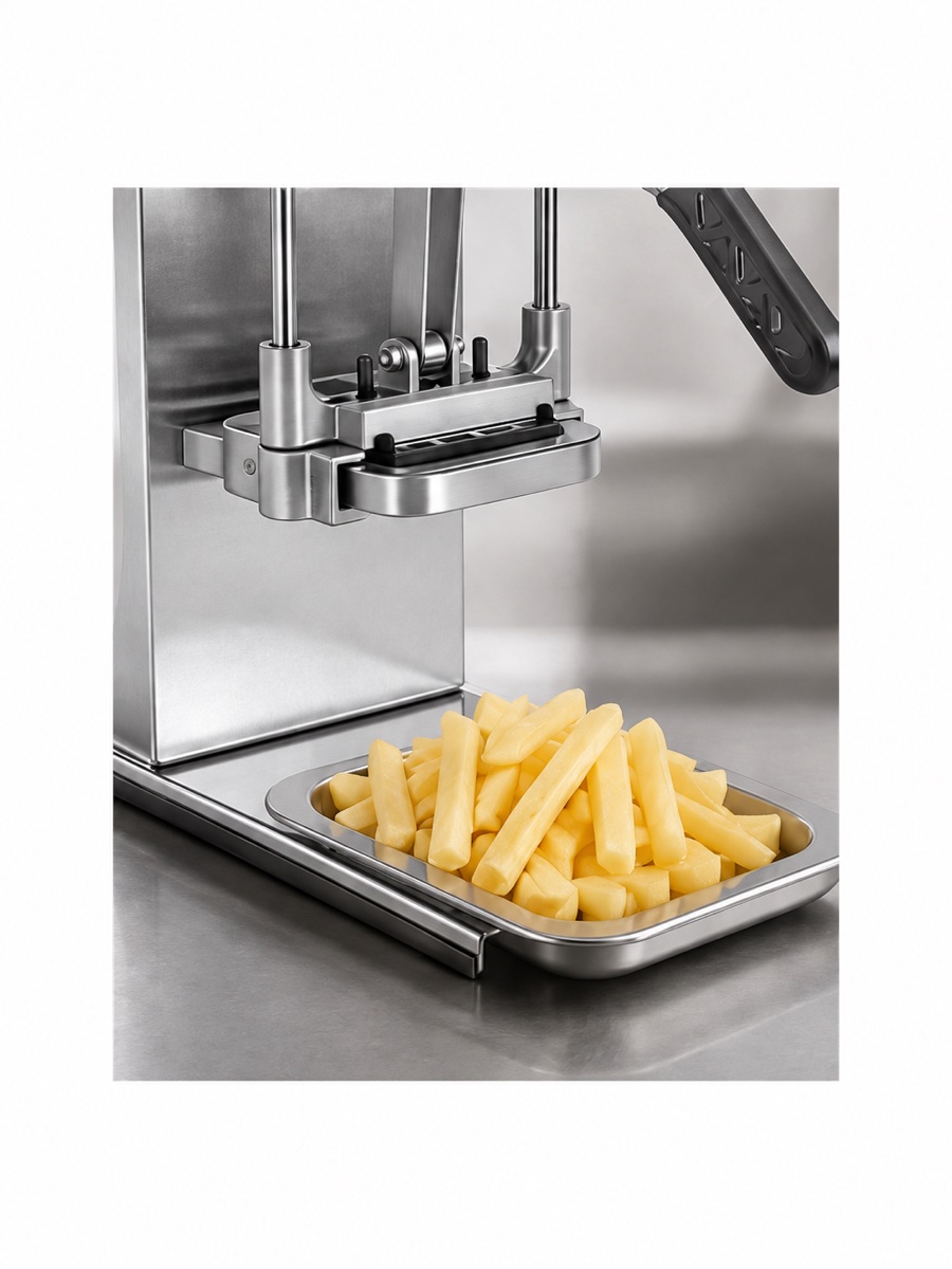 Parte inferior de la cortadora de papas con una bandeja de bastones como ejemplo de uso