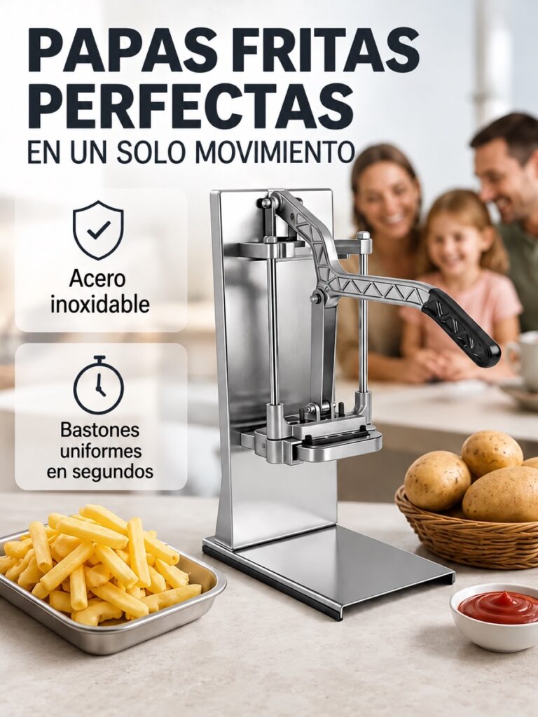 Cortadora manual de papas con palanca e información en español