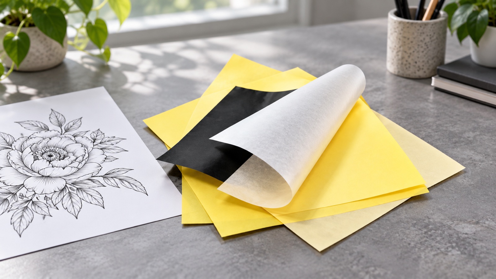 Hojas de papel transfer por capas junto a un dibujo botánico