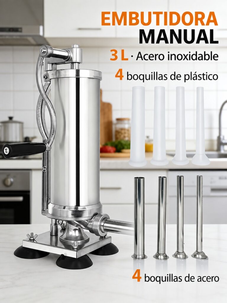 Embutidora manual vertical de 3 litros con cuatro boquillas de plástico y cuatro de acero inoxidable