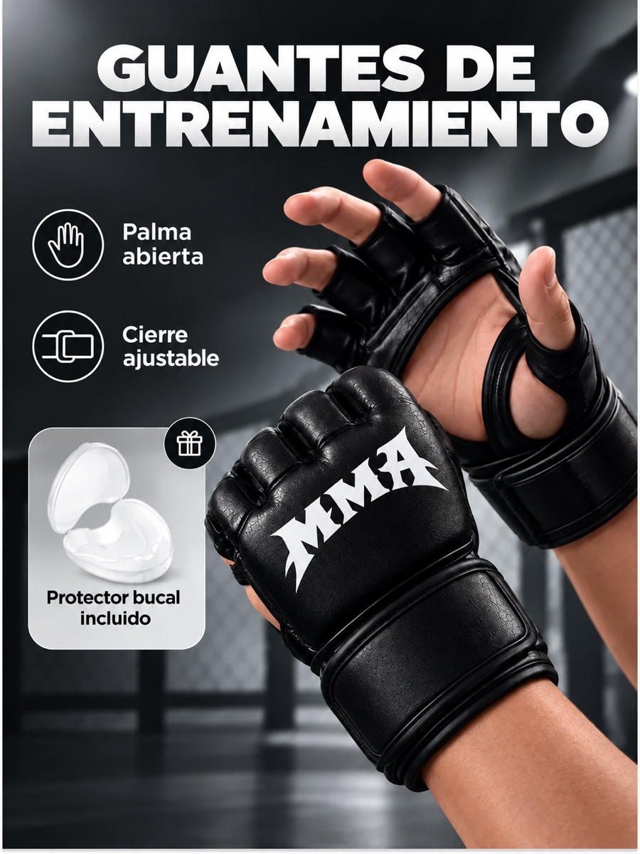 Guantes negros de entrenamiento con palma abierta, cierre ajustable y protector bucal