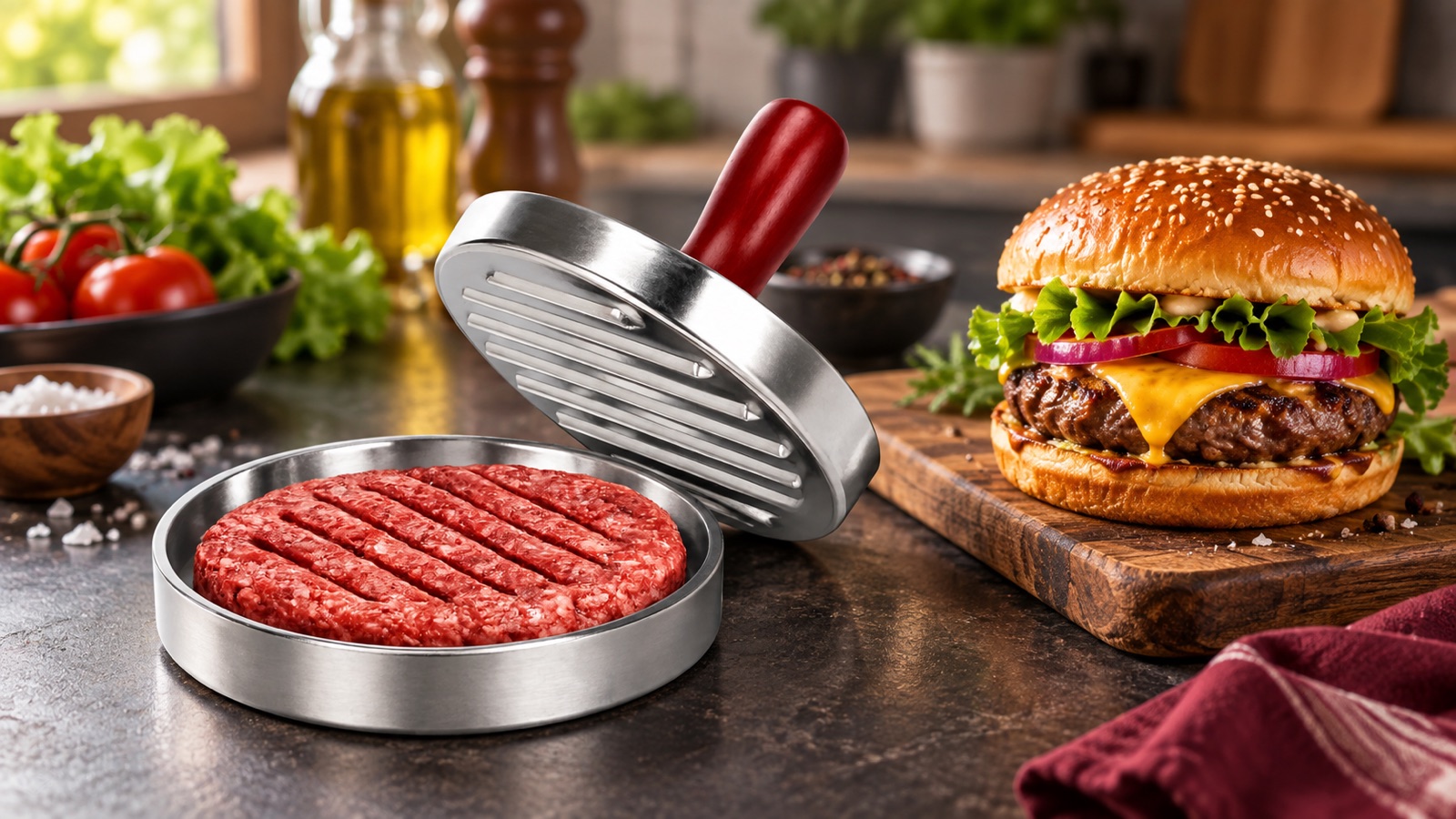 Prensa con mango de madera para formar hamburguesas y una hamburguesa casera servida en una tabla
