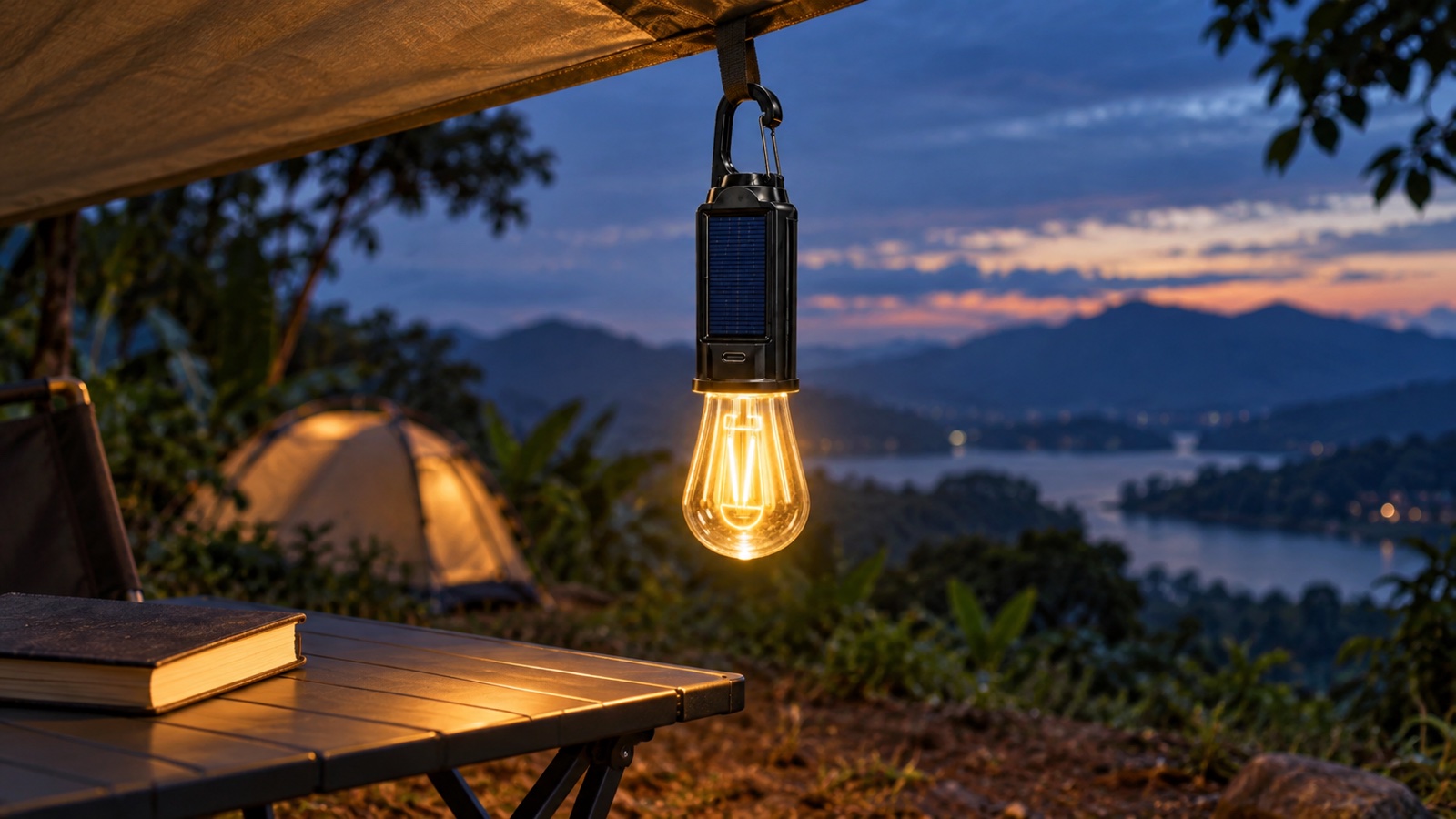 Lámpara solar de camping colgada junto a una mesa al anochecer