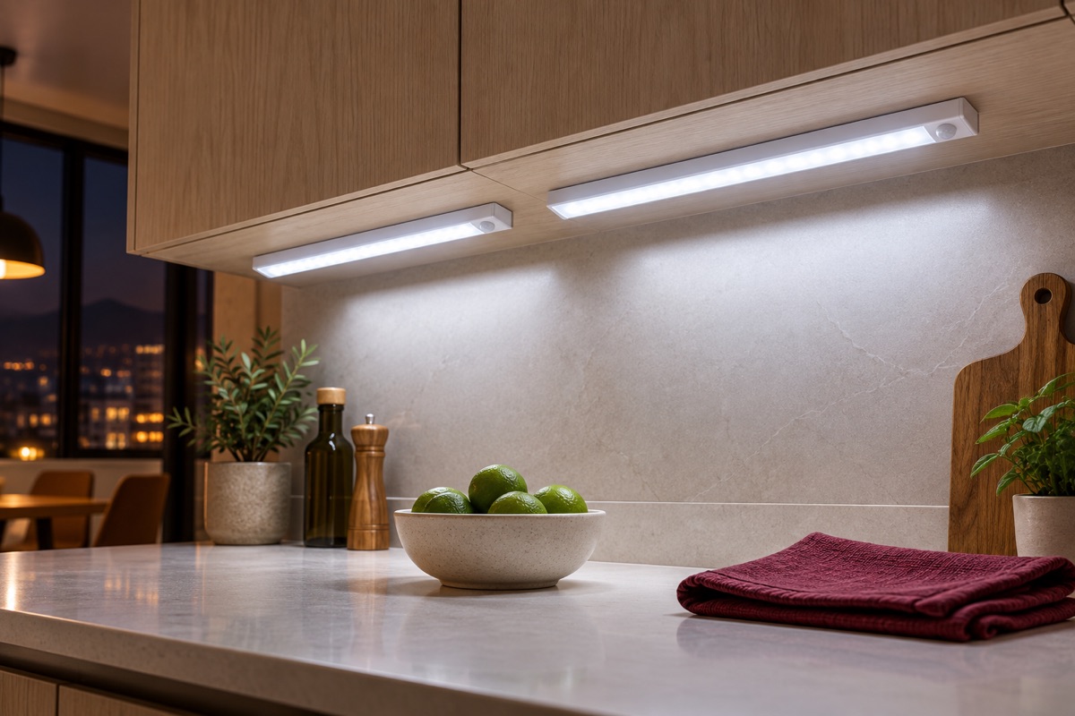 Dos barras LED recargables iluminan una encimera bajo muebles de cocina de madera