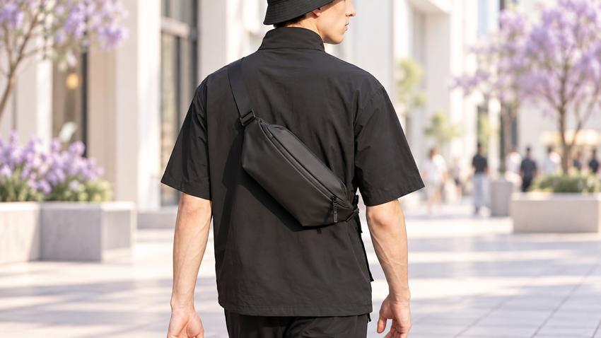 Bolso negro llevado cruzado en una salida urbana