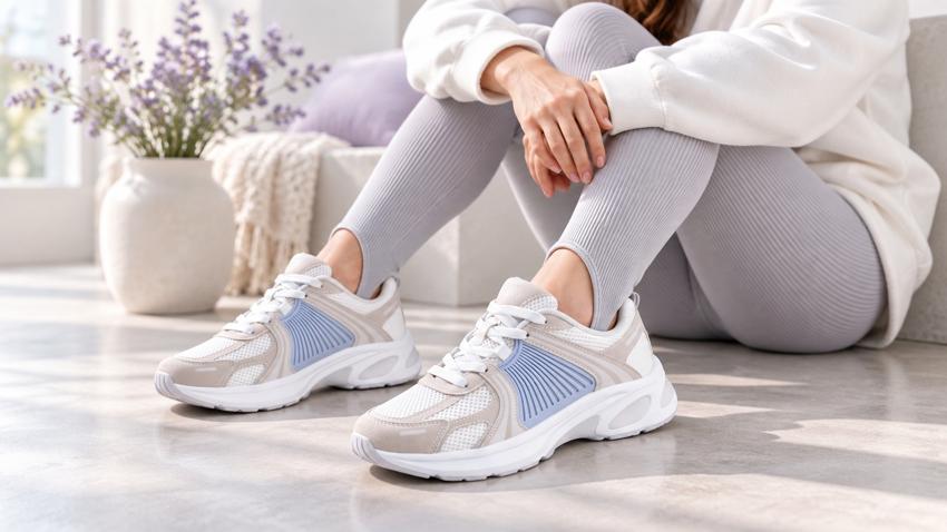Zapatillas beige y celeste en un conjunto cotidiano