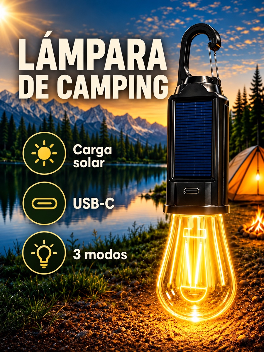Lámpara de camping negra con panel solar, puerto USB-C y gancho