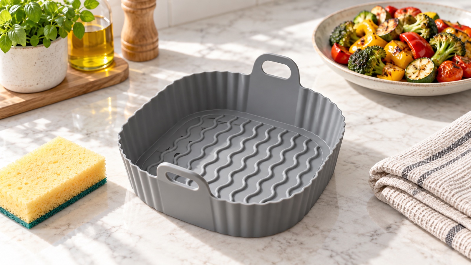 Molde gris de silicona limpio junto a una esponja suave y un paño de cocina