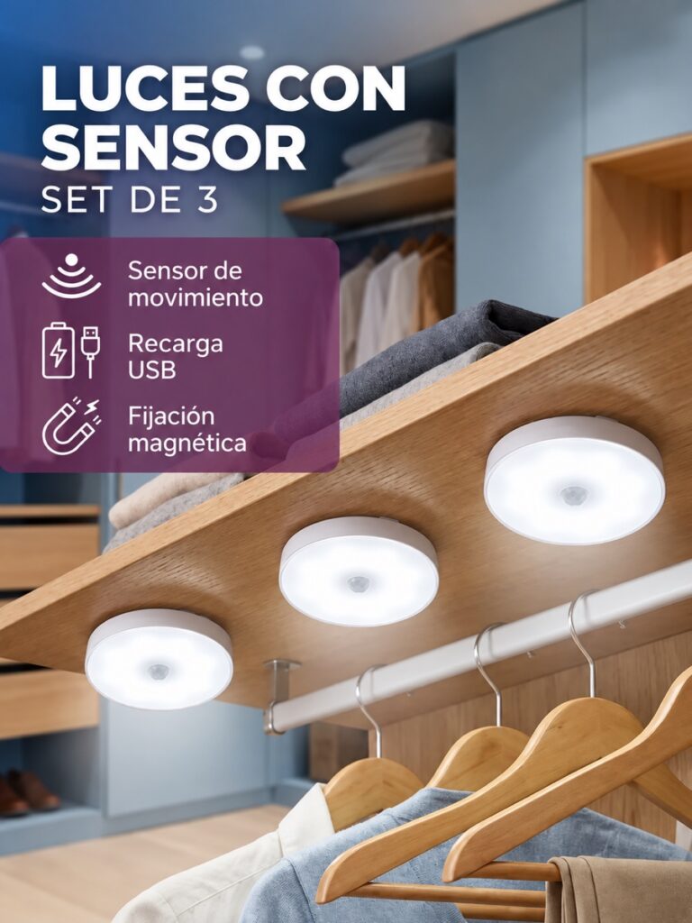 Tres luces LED redondas con sensor de movimiento instaladas bajo un estante de armario