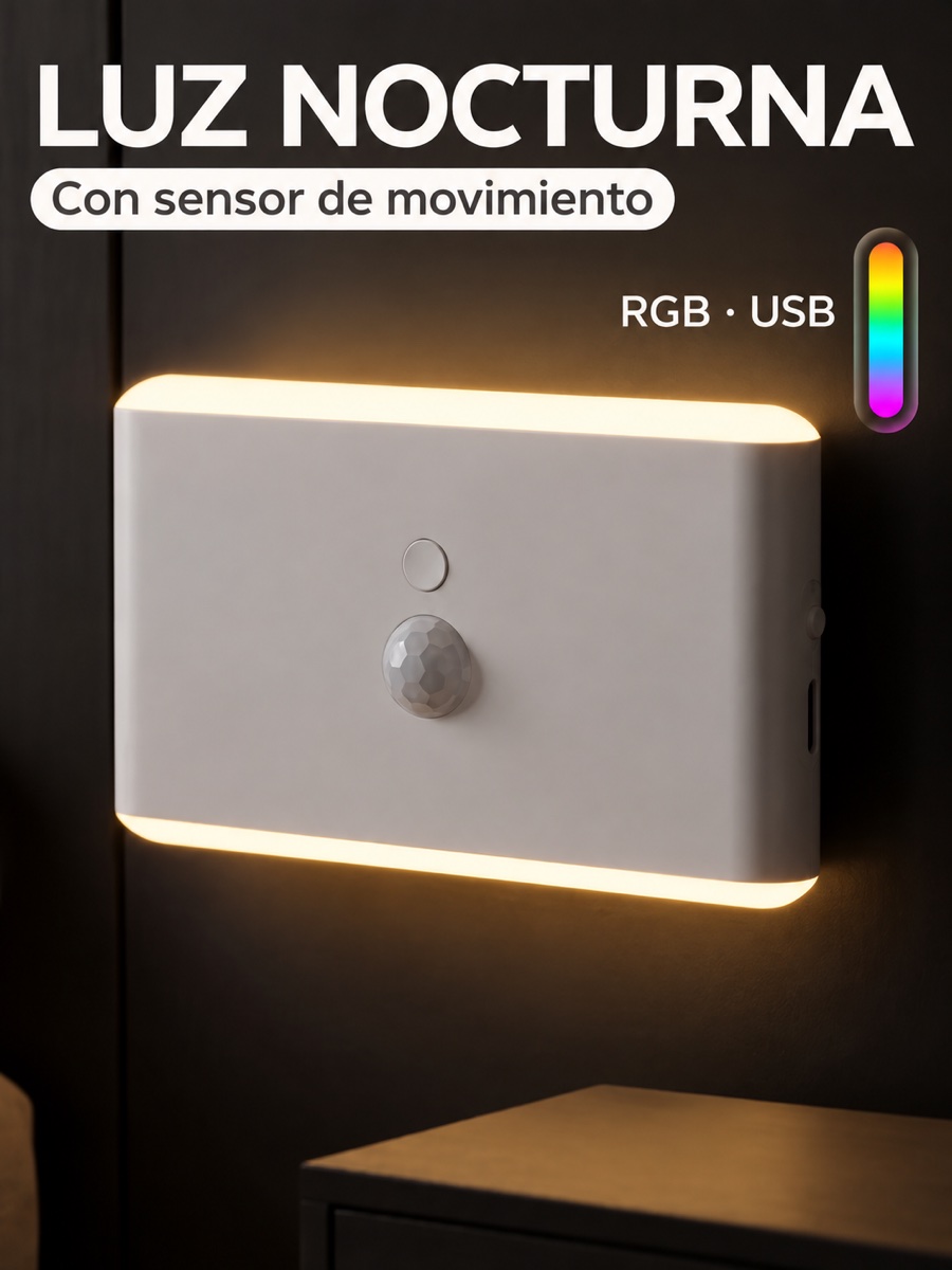 Luz nocturna blanca de pared con sensor de movimiento y bandas de iluminación RGB