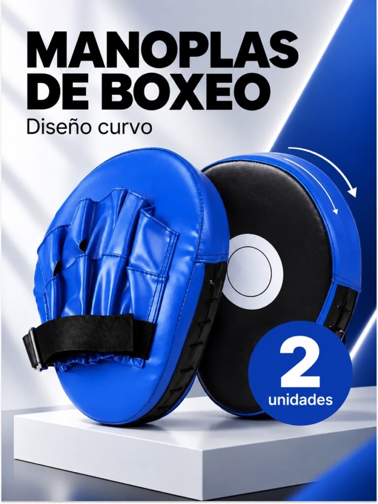 Dos manoplas curvas de boxeo azules con superficie negra y blanco circular