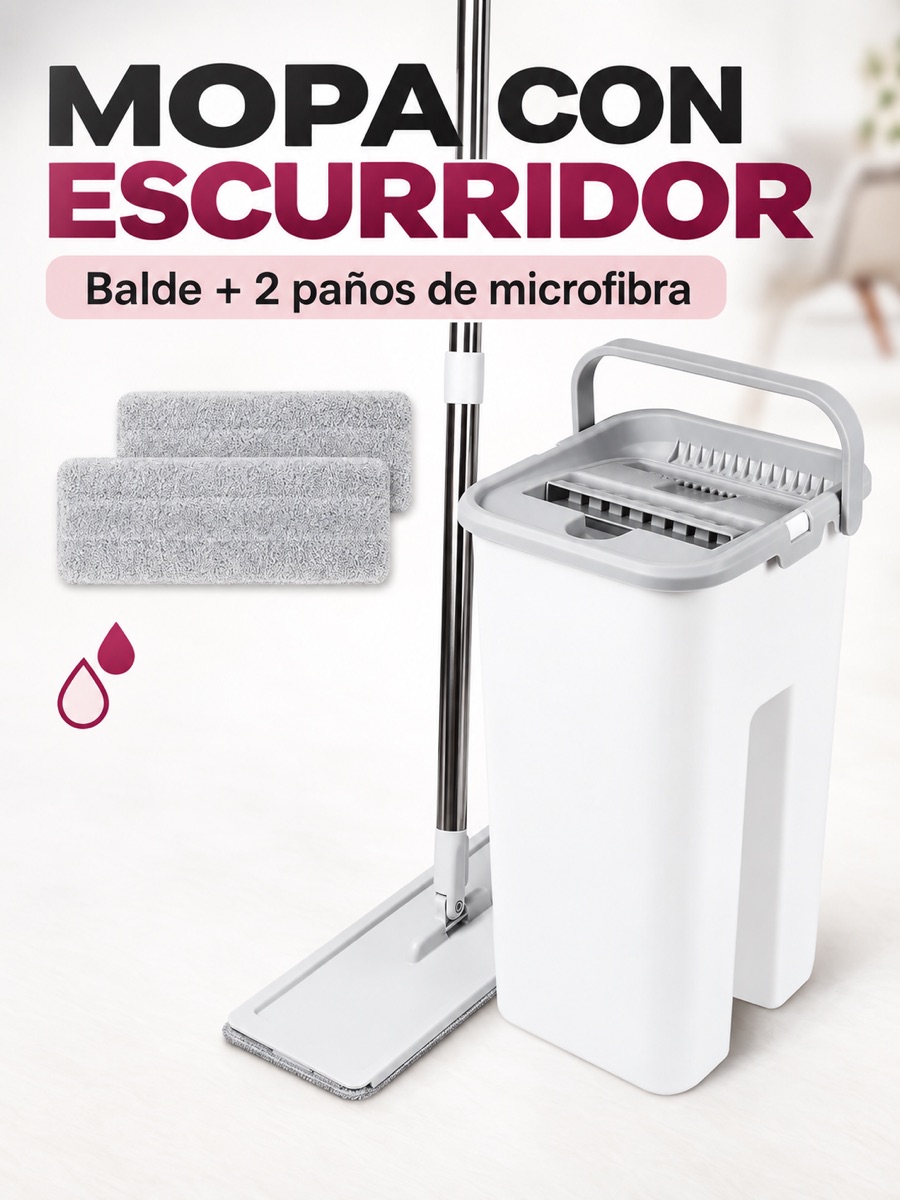 Mopa plana blanca con balde escurridor y dos paños de microfibra