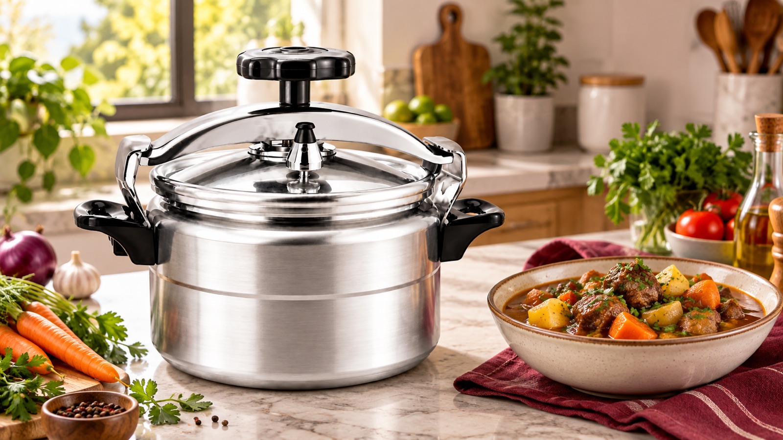 Olla a presión de aluminio de 5 litros junto a un guiso casero en una cocina
