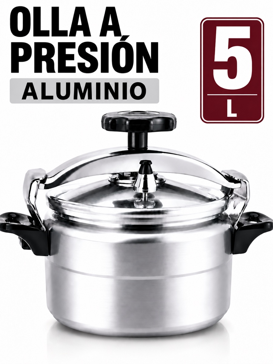 Olla a presión de aluminio de 5 litros con tapa, válvula y asas negras