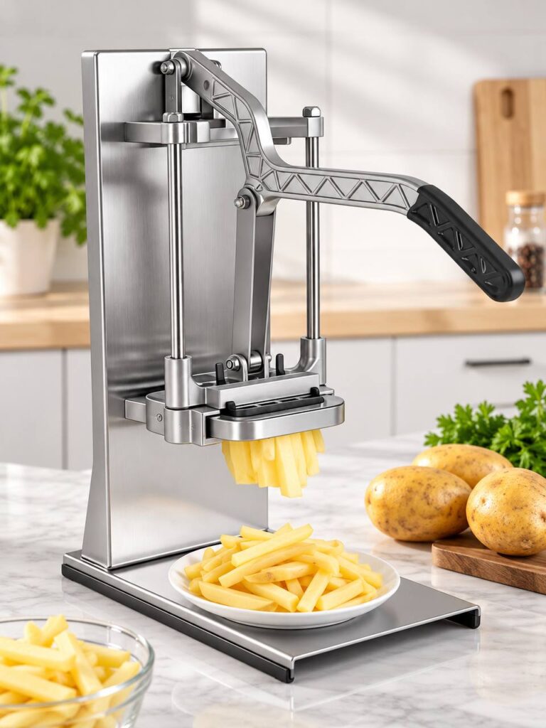 Cortadora manual de papas con palanca, estructura metálica y bastones de papa
