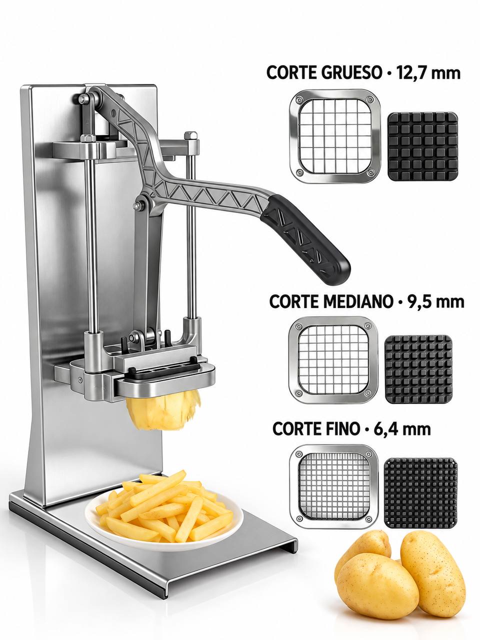 Cortadora de papas con tres rejillas y sus empujadores: corte fino de 6,4 mm, mediano de 9,5 mm y grueso de 12,7 mm