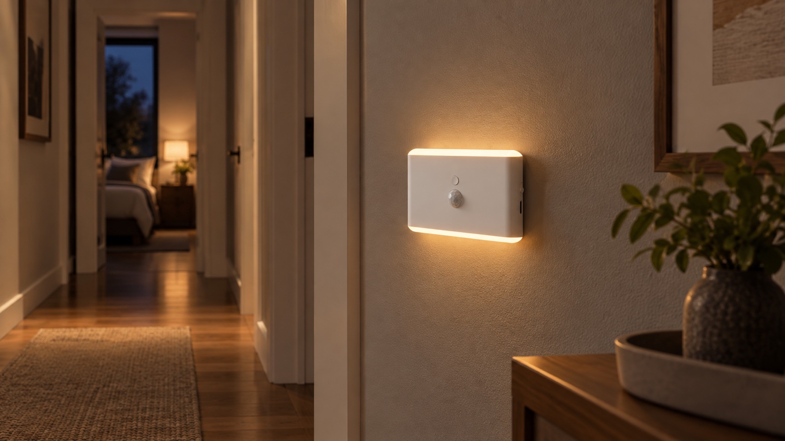 Luz nocturna blanca con sensor de movimiento instalada en un pasillo de casa