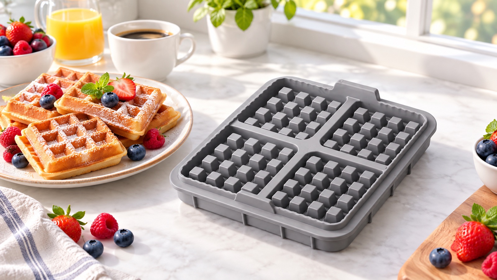 Molde gris de cuatro cavidades junto a waffles preparados para el desayuno